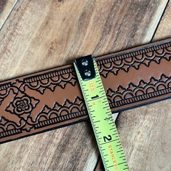 Brown Faux Leather Tooled Belt Vegan Casual Unisex - Picture 6 of 8